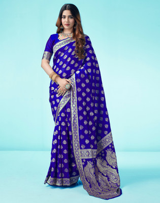 Samah Woven, Embellished Banarasi Silk Blend, Jacquard Saree(Gold, Blue)