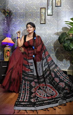 RM CREATION Printed Ikkat Cotton Blend Saree(Brown)