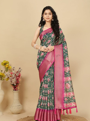 HouseOfCommon Floral Print, Woven Madhubani Art Silk Saree(Green)