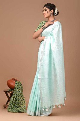 GR Handloom Solid/Plain Bhagalpuri Handloom Cotton Linen Saree(Light Blue)