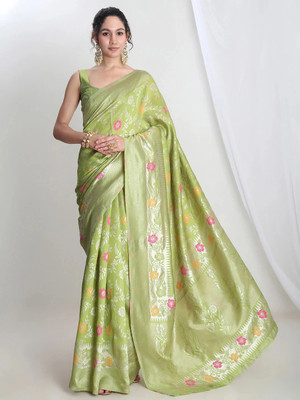 Janasya Woven Banarasi Silk Blend Saree(Green)