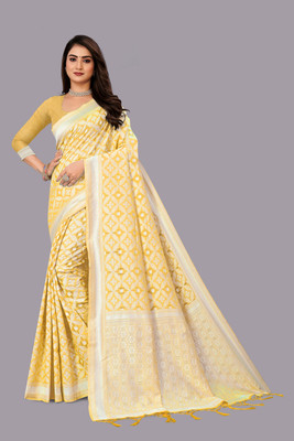 jungle herbs Printed Banarasi Jacquard Saree(Yellow)