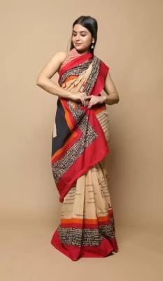 Sanganeri Print Blocked Printed, Color Block, Dyed, Floral Print, Printed Daily Wear Pure Cotton Saree(Cream, Red)