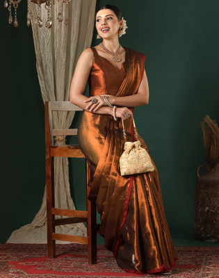 Satrani Solid/Plain, Embellished Bollywood Tissue, Cotton Blend Saree(Brown)