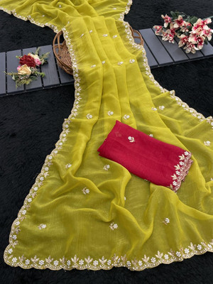 saanvi Embroidered Bollywood Chiffon Saree(Yellow)