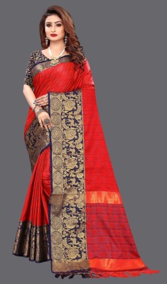 Bombey Velvat Fab Printed, Temple Border, Striped, Embroidered, Woven, Animal Print, Polka Print, Solid/Plain Daily Wear Silk Blend, Cotton Silk Saree(Dark Blue, Red)
