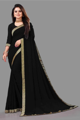 BK COLLECTION Solid/Plain Bollywood Georgette Saree(Black)