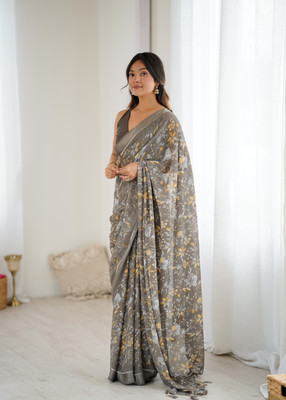 Ira Impex Printed Bollywood Satin Saree(Grey)