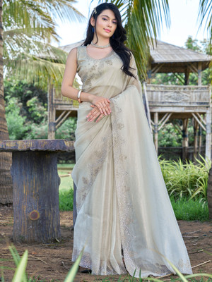 Sareemall Embellished, Embroidered Bollywood Organza Saree(Cream)