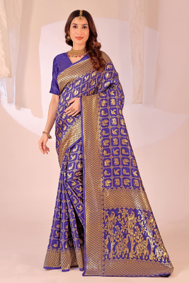 Saadhvi Printed Banarasi Pure Silk Saree(Blue)