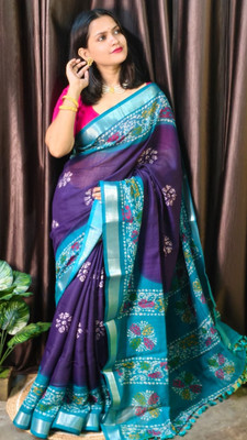 Suto Printed, Floral Print Bandhani Linen Saree(Purple, Light Blue)