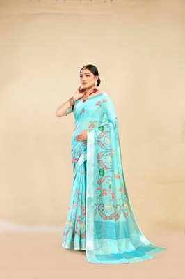 VTEXX Digital Print Saree with Attached Blouse Cotton Linen Saree(Light Blue)