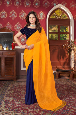 sparrow art Self Design, Solid/Plain Bollywood Crepe Saree(Yellow, Dark Blue)