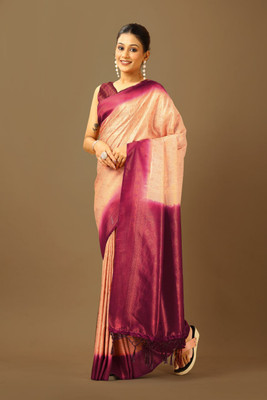 Ritu Silk Temple Border, Self Design, Solid/Plain Kanjivaram Pure Silk Saree(Cream, Maroon)