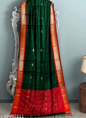 S S CREATION Woven Paithani Pure Silk Saree(Green)