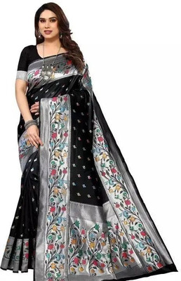 HouseOfCommon Self Design, Paisley, Digital Print, Blocked Printed, Woven, Graphic Print, Checkered Banarasi Jacquard, Art Silk Saree(Black)