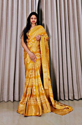 Bansari Textiles Self Design, Woven, Temple Border, Applique, Striped, Printed Banarasi Cotton Silk, Cotton Blend Saree(Yellow)