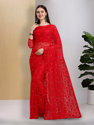 Suali Embellished Bollywood Net Saree(Red)