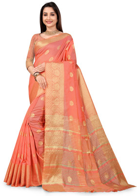 GOGAJI COLLECTION Printed, Temple Border, Woven, Embellished, Solid/Plain Banarasi Art Silk, Cotton Silk Saree(Orange)