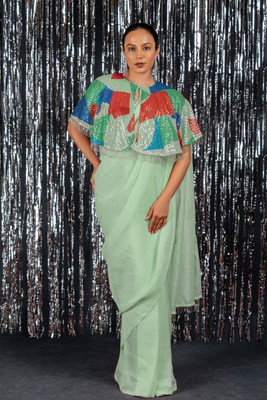 MIRCHI FASHION Solid/Plain, Embellished Bollywood Chiffon Saree(Light Green, Multicolor)