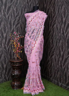 NIYANTAKSH Embroidered Bollywood Net Saree(Pink)