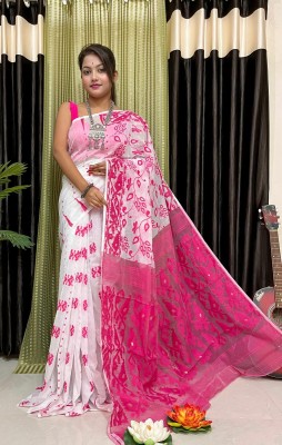 OWALID Self Design Jamdani Cotton Silk Saree(Pink)