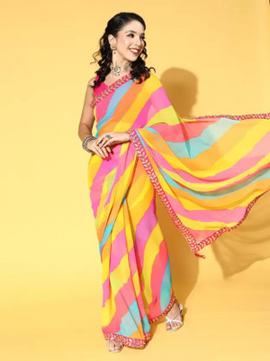 LAKHADATARI PRINTS Striped Leheria Georgette Saree(Multicolor)