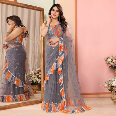 Peachmode Embroidered Bollywood Net Saree(Grey)