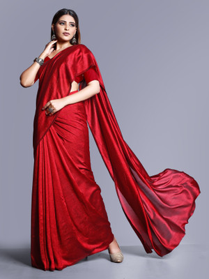 SHRIMORI Solid/Plain Bollywood Silk Blend Saree(Pack of 2, Red)