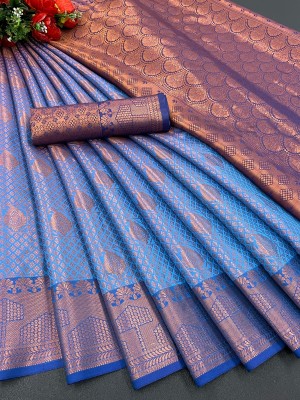 SGF11 Striped, Checkered Kanjivaram Pure Silk, Art Silk Saree(Blue)