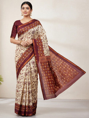 MODERRY Blocked Printed, Printed Daily Wear Pure Cotton, Mulmul Saree(Cream, Maroon)