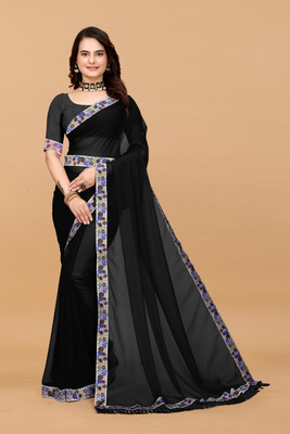 HIJA TRENDZ Embroidered, Solid/Plain Bollywood Georgette Saree(Black)