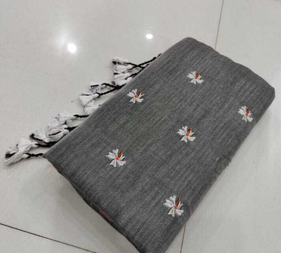 sourav biswas Embroidered Handloom Pure Cotton Saree(Grey)