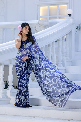VIBHAGYAA Printed Bollywood Chiffon Saree(Dark Blue, White)