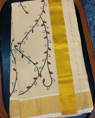 Kunjus Printed, Self Design Kasavu Tissue Saree(Beige)
