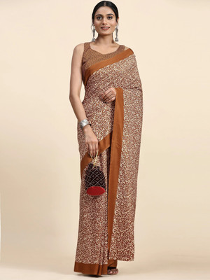 Rachna Floral Print Daily Wear Crepe Saree(Brown)
