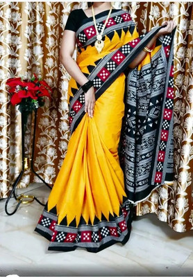 ARTFULTHREADS Printed, Graphic Print Sambalpuri Pure Cotton Saree(Yellow)