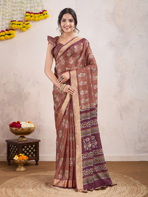 RekhaManiyar Printed Bollywood Crepe Saree(Brown)