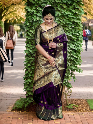 HouseOfCommon Printed, Woven Kovai Jacquard, Pure Silk Saree(Purple)