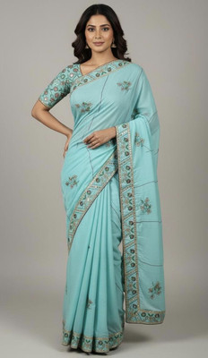 Zyyra Embroidered, Floral Print Bollywood Georgette Saree(Light Blue, Black)