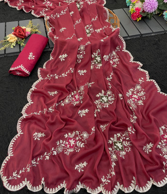 Tradivibe Embroidered Bollywood Chiffon Saree(Red)