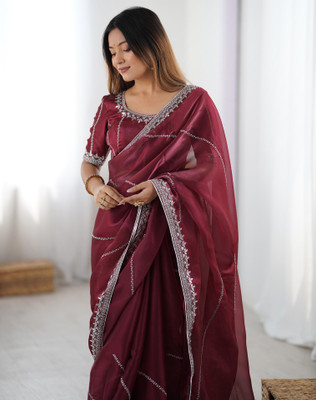 SIRIL Embellished Bollywood Jimmy choo, Tissue Saree(Maroon)