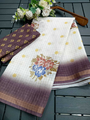 Saaransh Floral Print Kanjivaram Linen, Cotton Silk Saree(Multicolor)