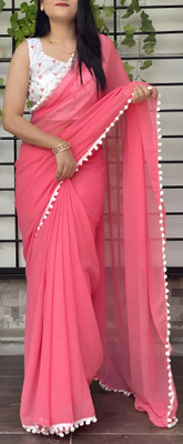 HIJA TRENDZ Solid/Plain Bollywood Georgette Saree(Red)