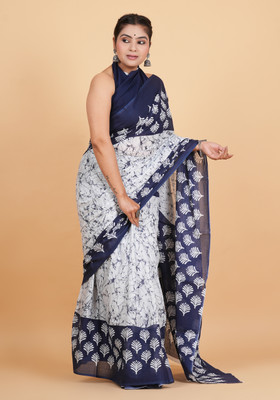 Krishna Creation Printed Handloom Pure Cotton Saree(Blue)