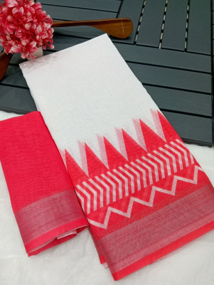 HouseOfCommon Printed, Woven Kanjivaram Pure Cotton, Cotton Linen Saree(White, Red)