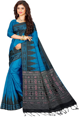 TRFASHIONHUB Printed Sambalpuri Cotton Blend Saree(Blue)