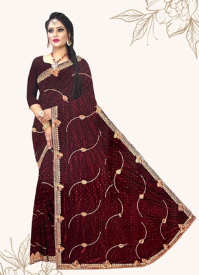 Essentique Embroidered Banarasi Net Saree(Maroon)
