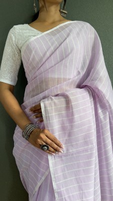 Aquiliq Striped Chanderi Cotton Blend Saree(Purple)