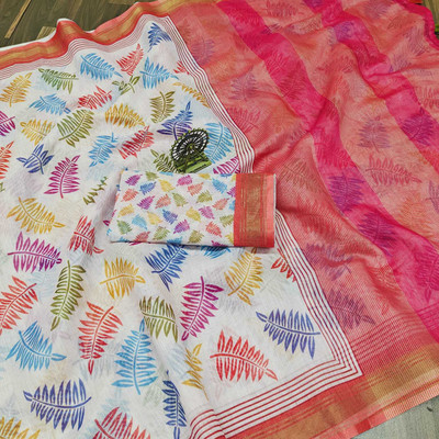 Sniccs Trend Printed, Floral Print, Striped Daily Wear Linen Saree(Multicolor, White, Pink)